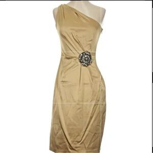 David Meister Gold One-Shoulder Dress with Embellishment